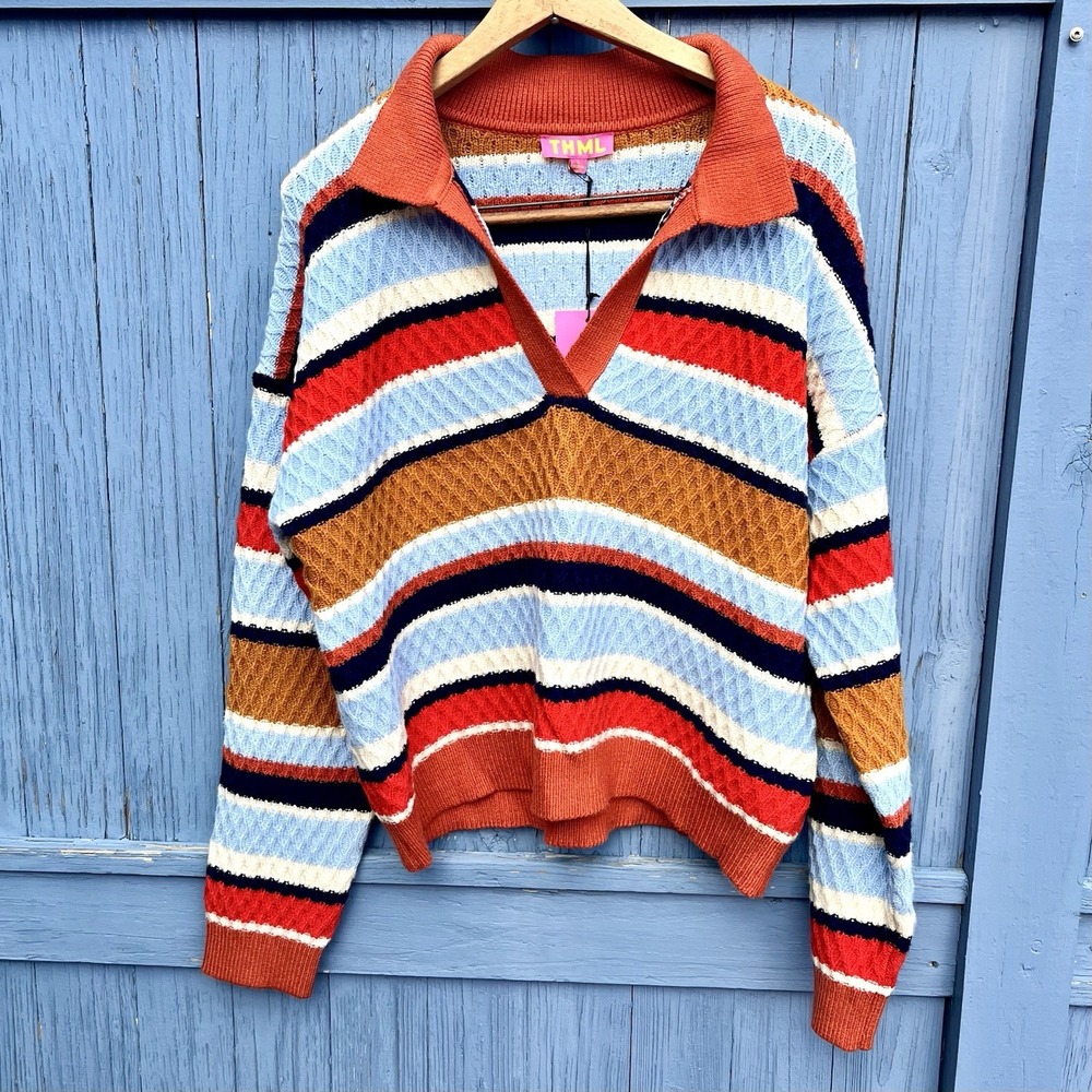 THML Textured Large Stripe Sweater Orange Blue White Knit Boho Retro‎ Colorful